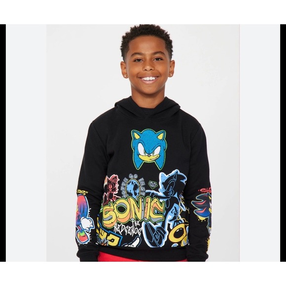 Sonic the Hedgehog Kids Black Graphic Hoodie Shadow Knuckles Size 10/12 SEGA - Picture 2 of 8